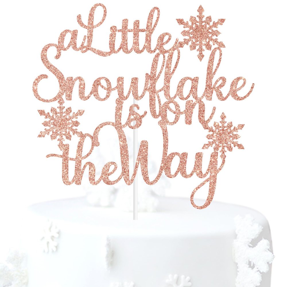 Rose Gold Glitter A Little Snowflake is on the Way Cake Topper, Winter Snowflake Chirstmas Baby Shower Baby's Birthday Party Decorations Supplies