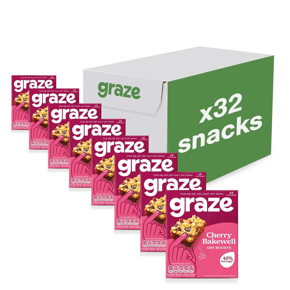 Graze - Cherry Bakewell Oat Boost Bars Snacks - Vegetarian Snacks with Whole Oats and Natural Flavours - 8x4 snack bars - Total of 32 snacks