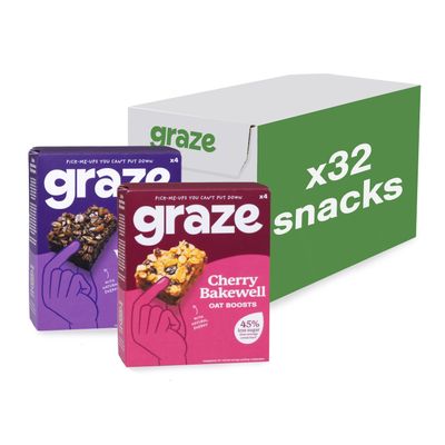 Graze - Cherry Bakewell & Cocoa Vanilla Oat Boost Bars Snacks - Made With Whole Oats and Natural Flavours - 8x4 snack bars - Total of 32 snacks