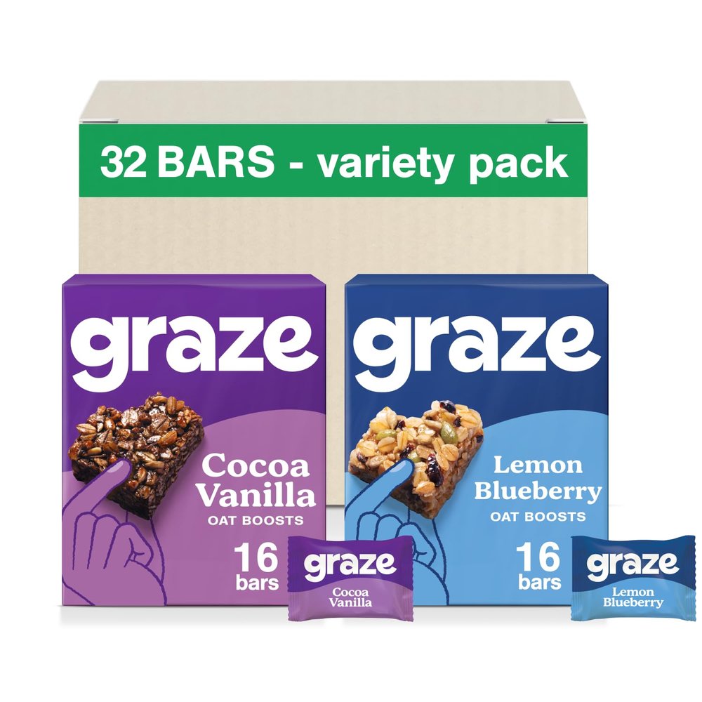 Graze - Cocoa Vanilla & Lemon Blueberry Oat Boost Bars Snacks - Made With Whole Oats and Natural Flavours - 8x4 snack bars - Total of 32 snacks