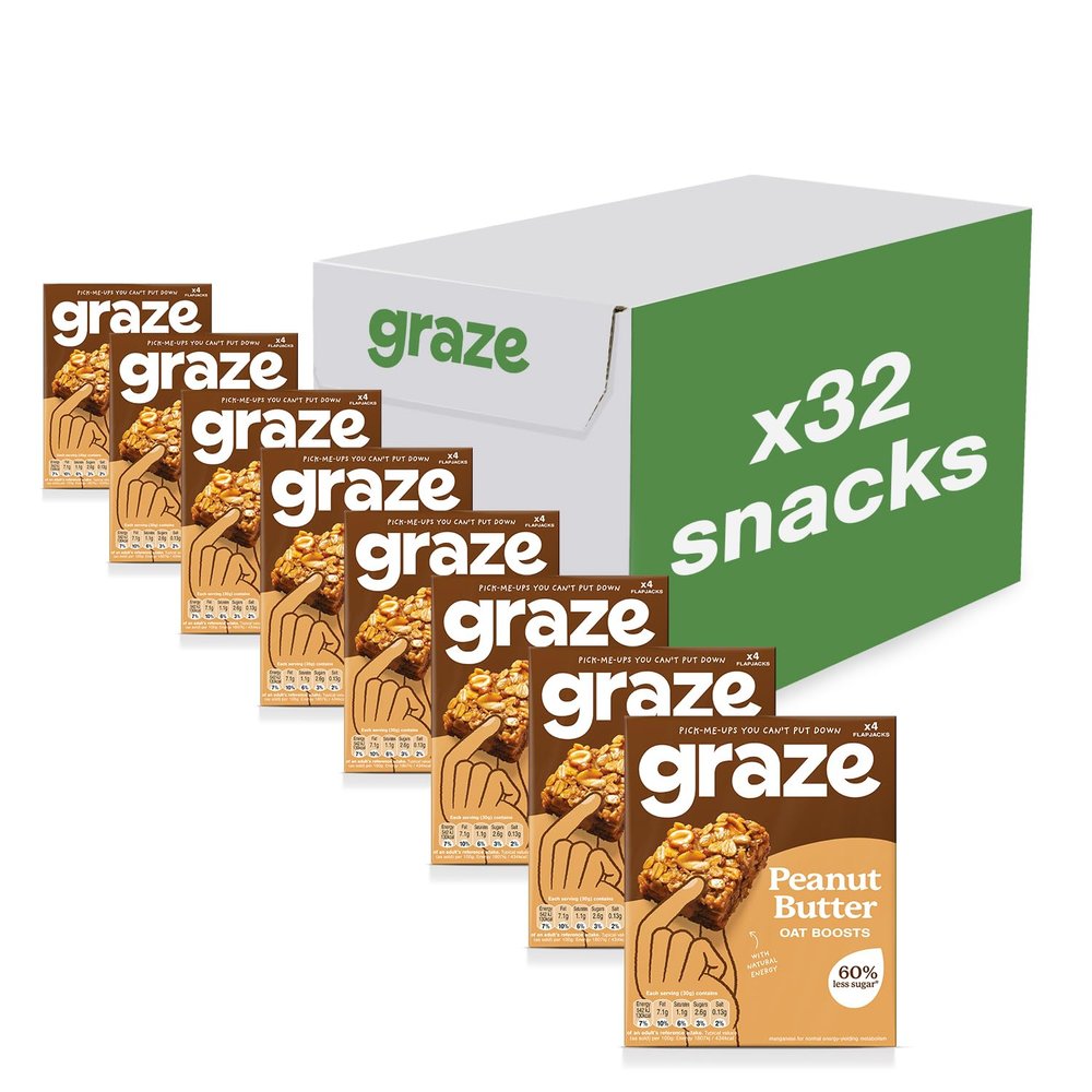 Graze - Peanut Butter Oat Boost Bars - Vegetarian Flapjacks with Whole Oats and Natural Flavours - 8 packs of 4 Snack Bars, 32 Snacks total