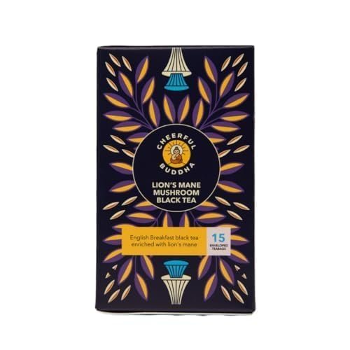 Cheerful Buddha Lions Mane Mushroom Black Tea - Alleviating Caffeine Jitters, Supports focus & Provides Mellower Energy Boost - Helps to Protect Body Rhythm - 15 Individually Wrapped Tea Bags