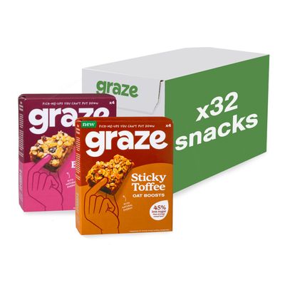 Graze - Cherry Bakewell & Sticky Toffee Oat Boost Bars Snacks - Made With Whole Oats and Natural Flavours - 8x4 snack bars -Total of 32 snacks