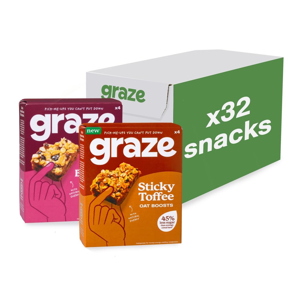 Graze - Cherry Bakewell & Sticky Toffee Oat Boost Bars Snacks - Made With Whole Oats and Natural Flavours - 8x4 snack bars -Total of 32 snacks