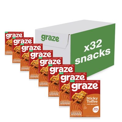 Graze - Sticky Toffee Oat Boost Bars - Vegetarian Flapjacks with Whole Oats and Natural Flavours - 8 Packs of 4 Snack bars, 32 Snacks total