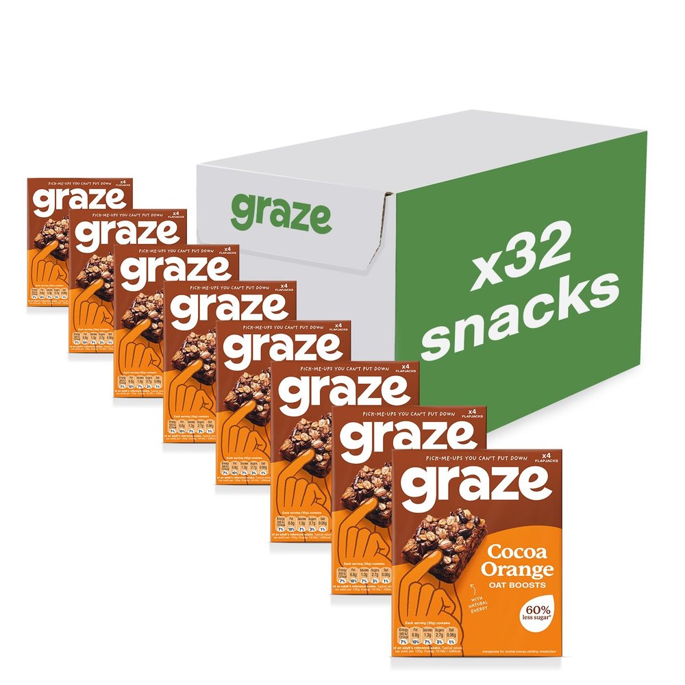 Graze - Cocoa Orange Oat Boost Bars - Vegetarian Flapjacks with Whole Oats and Natural Flavours - 8 packs of 4 Snack bars, 32 Snacks total