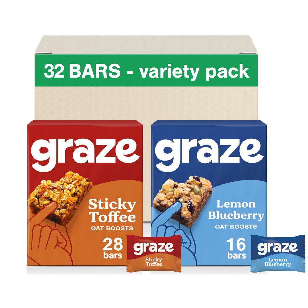 Graze - Lemon Blueberry & Stikcy Toffee Oat Boost Bars Snacks - Made With Whole Oats and Natural Flavours - 8x4 snack bars - Total of 32 snacks