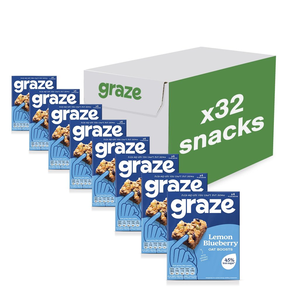 Graze - Lemon Blueberry Oat Boost Bars - Vegetarian Flapjacks with Whole Oats and Natural Flavours - 8 packs of 4 Snack Bars, 32 Snacks total