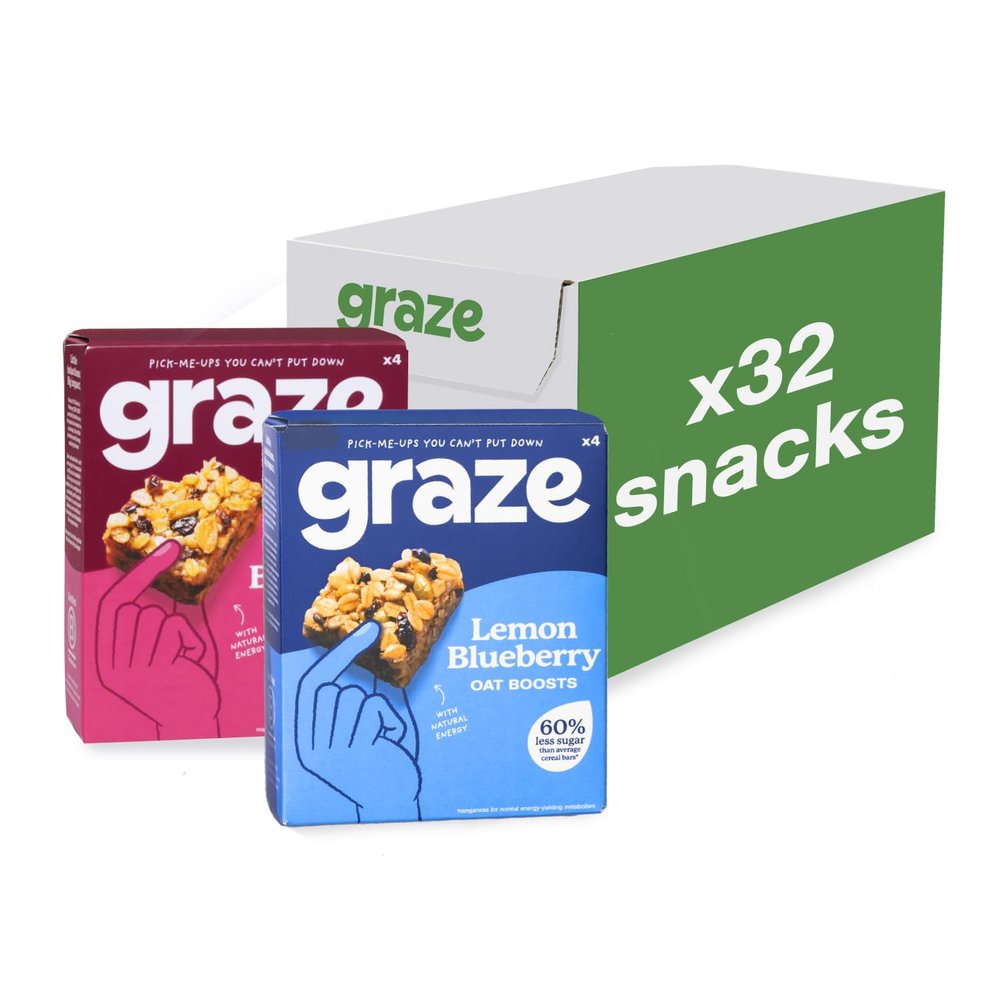 Graze - Cherry Bakewell & Lemon Blueberry Oat Boost Bars Snacks - Made With Whole Oats and Natural Flavours -8x4 snack bars - Total of 32 snacks