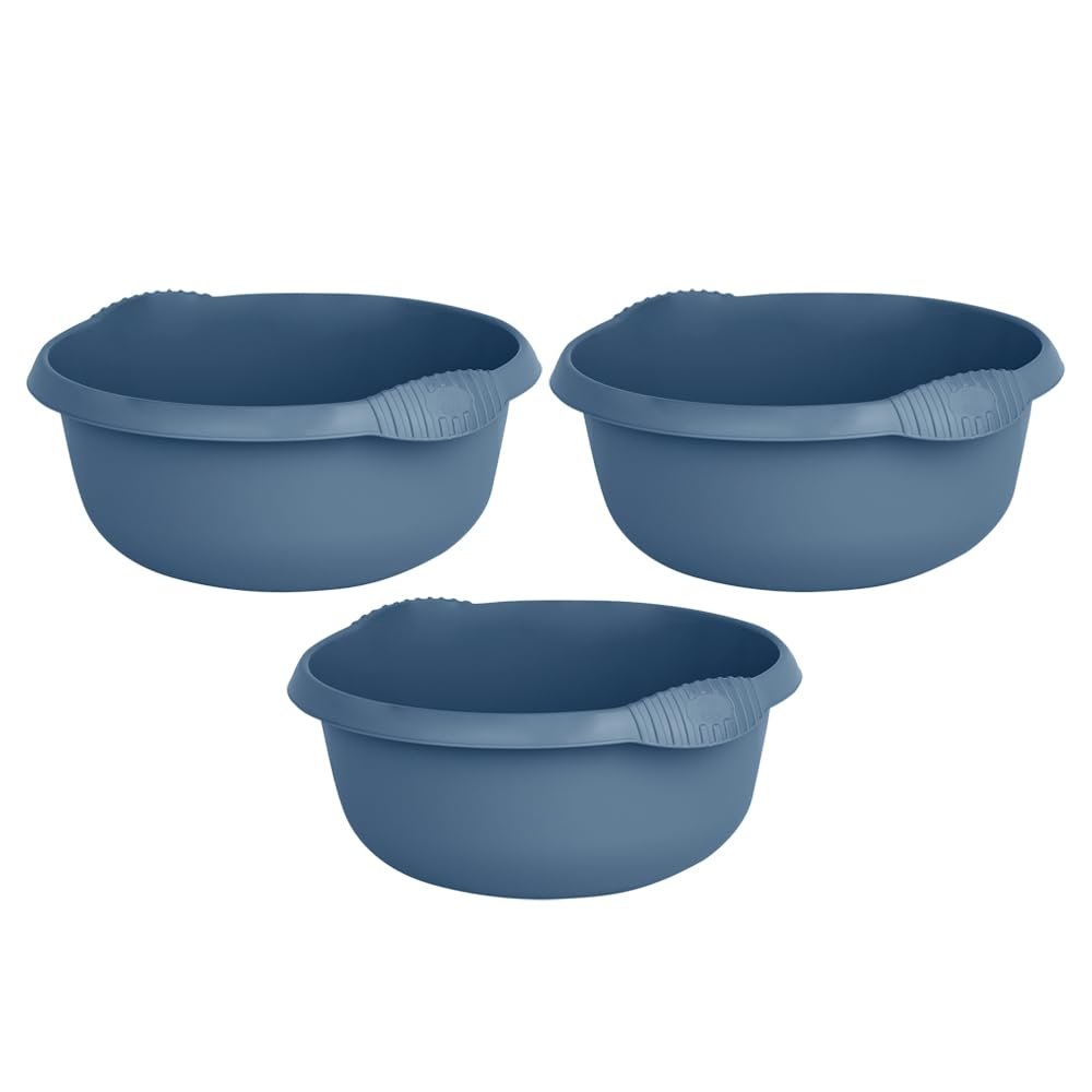 JMS we create smile Navy Round Bowl, 28 cm Kitchen Washing Up Bowl, High Grade Plastic Mixing Basin | Sink Bowl, 5 Litre Bowl with Integral Handles Caddy Kitchen Home (Set of 3)