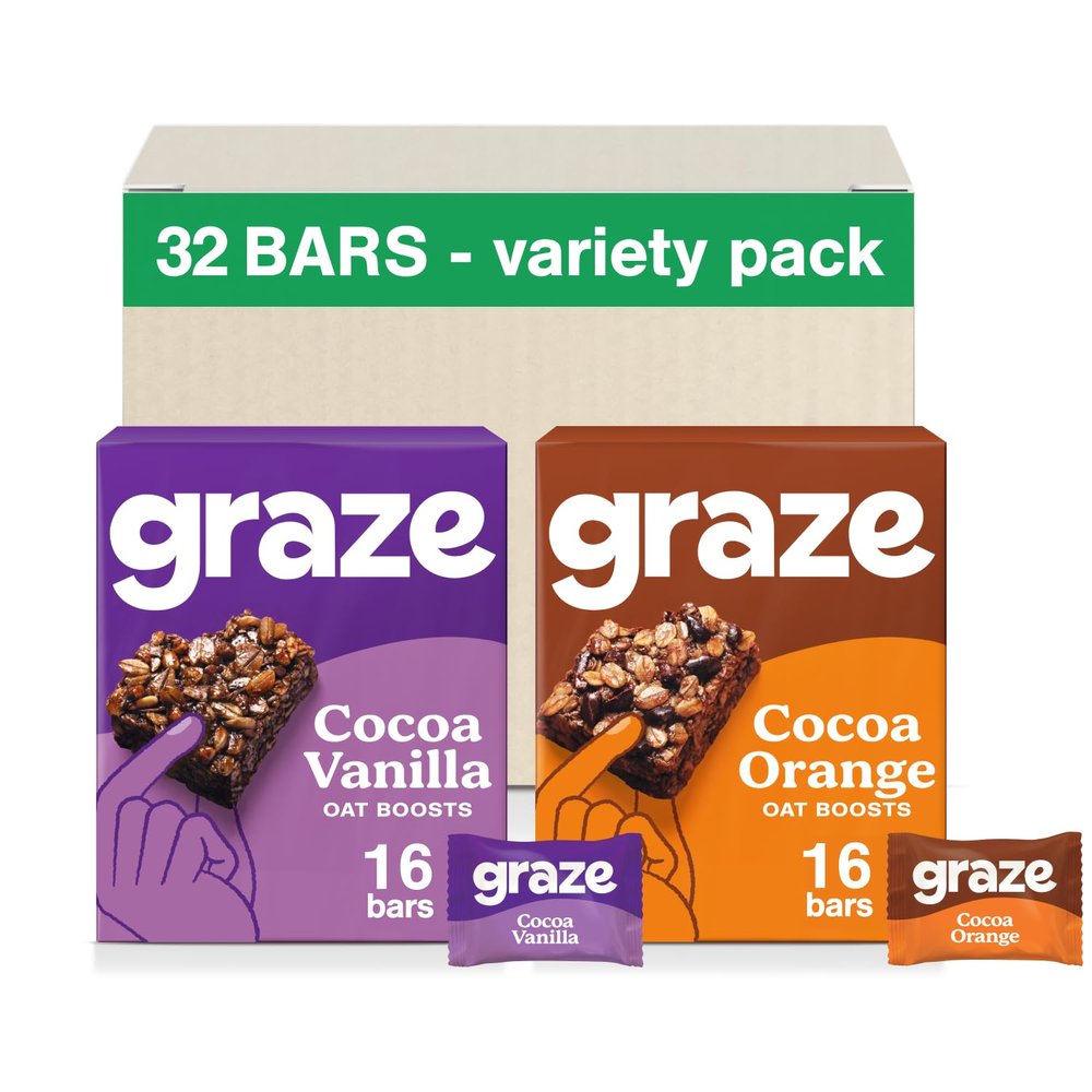 Graze - Cocoa Orange & Cocoa Vanilla Oat Boost Bars Snacks - Made With Whole Oats and Natural Flavours - 8x4 snack bars - Total of 32 snacks