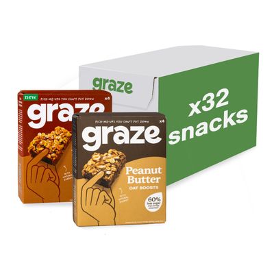 Graze - Peanut Butter & Sticky Toffee Oat Boost Bars Snacks - Made With Whole Oats and Natural Flavours - 8x4 snack bars - Total of 32 snacks