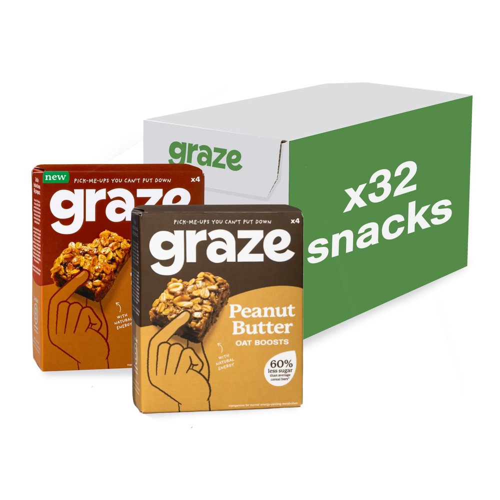 Graze - Peanut Butter & Sticky Toffee Oat Boost Bars Snacks - Made With Whole Oats and Natural Flavours - 8x4 snack bars - Total of 32 snacks