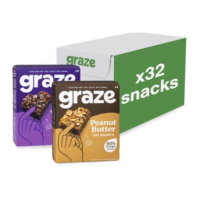 Graze - Peanut Butter & Cocoa Vanilla Oat Boost Bars Snacks - Made With Whole Oats and Natural Flavours - 8x4 snack bars - Total of 32 snacks