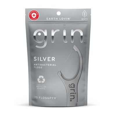GRIN Silver Flosspyx 75 Count, Dental Flossers, Minty Flavor, Recycled Plastic, for Tight Teeth, Premium Longer Floss Head, Cleans Between Teeth, Includes Safe Soft Fold-Back Tooth Pick