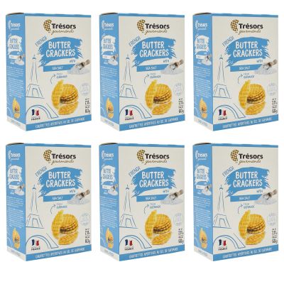 TRESORS GOURMANDS Authentic French Waffle Butter Crackers Snack, Sea Salt Flavor, Natural Ingredients, Pack of 6 x 60g Boxes