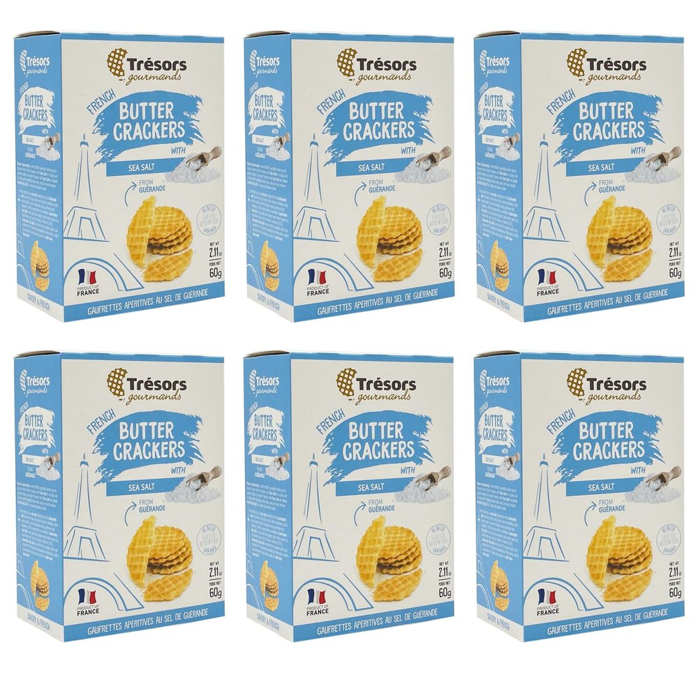 TRESORS GOURMANDS Authentic French Waffle Butter Crackers Snack, Sea Salt Flavor, Natural Ingredients, Pack of 6 x 60g Boxes