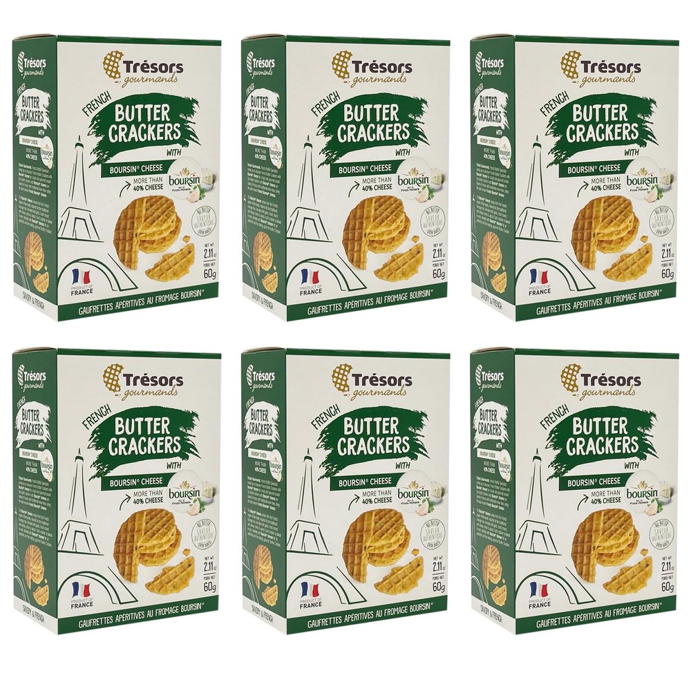 TRESORS GOURMANDS Authentic French Waffle Butter Crackers Snack, Boursin Cheese Flavor, More Than 40% Cheese, Natural Ingredients, Pack of 6 x 60g Boxes