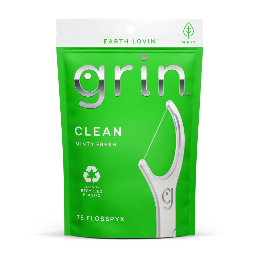 GRIN Fine Flosspyx, Floss Picks, 75 Count, Dental Flossers, Minty Flavor, Recycled Plastic, Super Strong Fine Floss, Tight Teeth, Premium Longer Floss Head, Includes Safe Fold-Back Tooth Pick