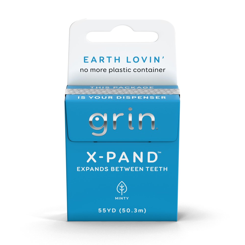 GRIN X-Pand Floss Box, Expands Between Teeth, 55 Yards (50.3m), Minty Flavor, Recyclable Packaging, 165 Feet of Strong Fine Dental Floss, No More Plastic Container, No Shredding or Breaking