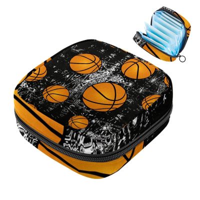 Basketball Ball on Marble Sanitary Napkin Storage Bag Portable Period Bag for Women Teen Girls Menstrual Cup Pouch Nursing Pad Holder