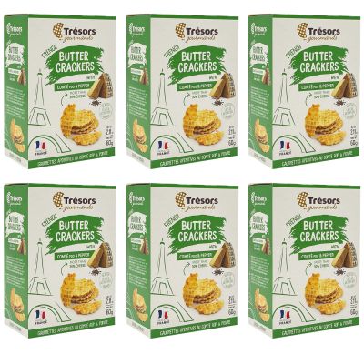 TRESORS GOURMANDS Authentic French Waffle Butter Crackers Snack, Comte & Pepper Flavor, More Than 30% Cheese, Natural Ingredients, Pack of 6 x 60g Boxes