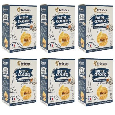 TRESORS GOURMANDS Authentic French Waffle Butter Crackers Snack, Roquefort Cheese & Honey Flavor with 30% Cheese, Natural Ingredients, Pack of 6 x 60g Boxes