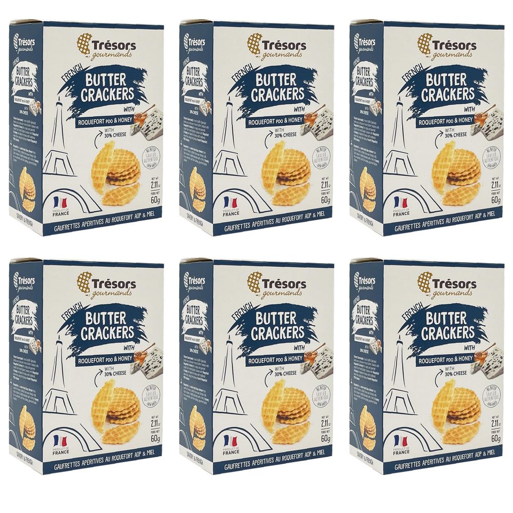TRESORS GOURMANDS Authentic French Waffle Butter Crackers Snack, Roquefort Cheese & Honey Flavor with 30% Cheese, Natural Ingredients, Pack of 6 x 60g Boxes
