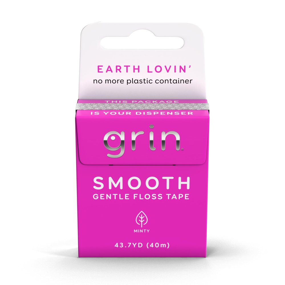 GRIN Smooth Floss Box, Gentle Floss Tape, 43.7 Yards (40M), Minty Flavor, Recyclable Packaging, 132 Feet of Gentle Floss Tape, No More Plastic Container, No Shredding or Breaking