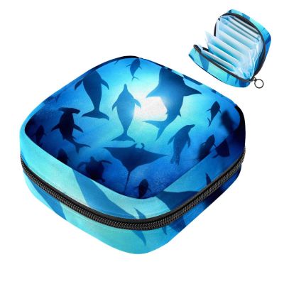 MUOOUM Menstrual Pad Bag Zipper Sanitary Napkin Bag Tampons Collect Bags for Women Girls (Ocean Dolphins Sharks Fish)