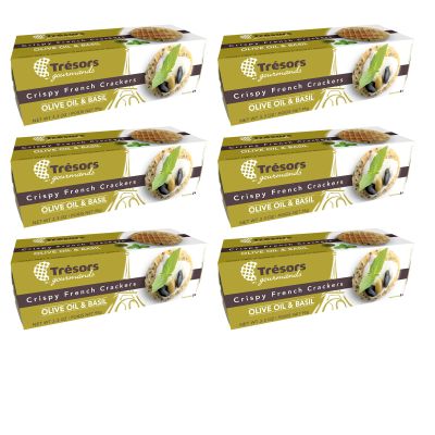 TRESORS GOURMANDS Authentic French Waffle Crispy Crackers Snack, Olive Oil & Basil Flavor, Natural Ingredients, Pack of 6 x 95g Boxes