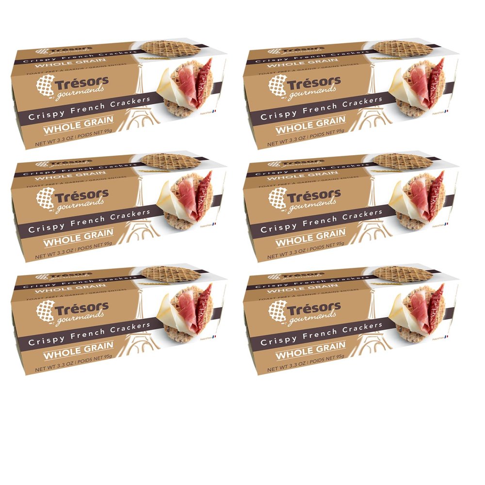 TRESORS GOURMANDS Authentic French Waffle Crispy Crackers Snack, Whole Grain Flavor, Natural Ingredients, Pack of 6 x 95g Boxes