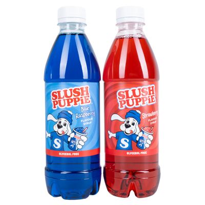 Slush Puppie Syrup Pack of 2 Flavours. Includes Iconic Blue Raspberry & Strawberry flavours. 2 x 500ml Bottles. Officially Licensed Slush Puppy Merchandise. Glycerol Free. Classic Slushy Flavours.