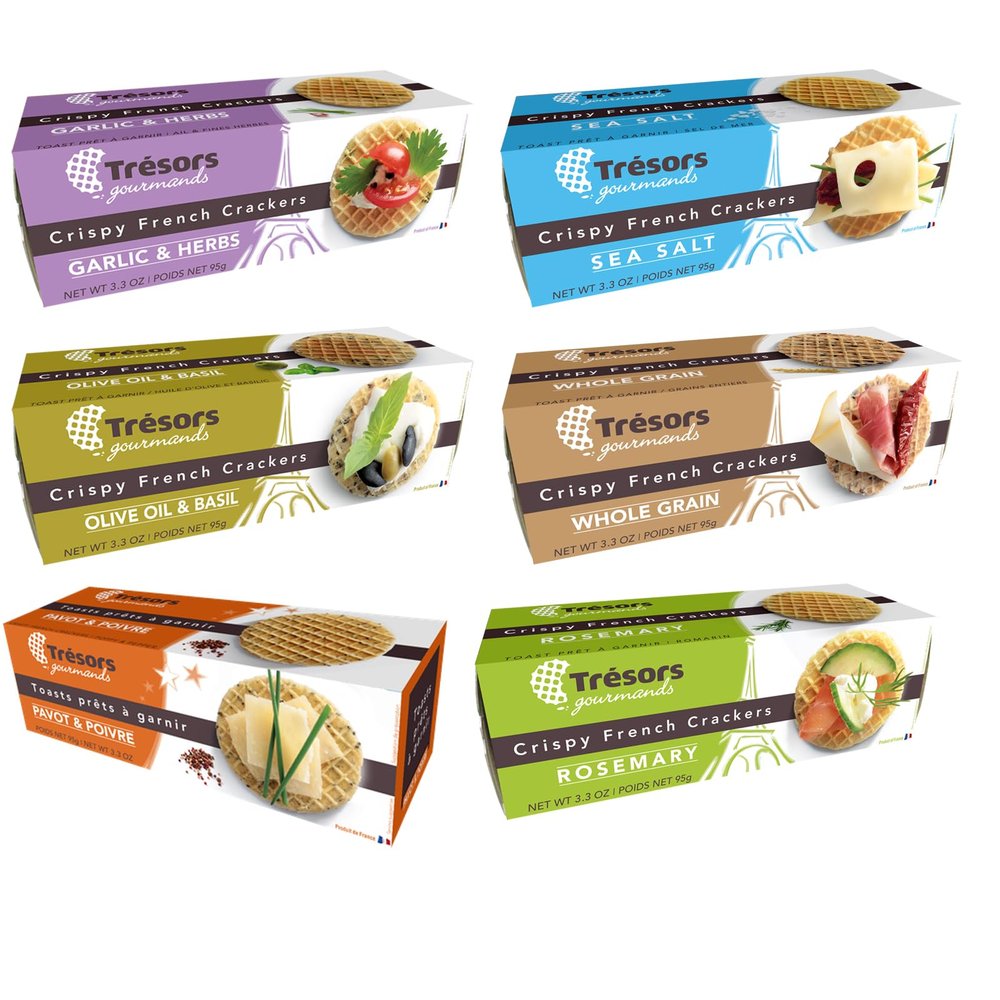 TRESORS GOURMANDS Authentic French Waffle Crispy Crackers Snack, Olive Oil & Basil, Garlic Herbs, Rosemary, Poppy Pepper, Whole Grain, SEA Salt, Flavor Mix, Pack of 6 x 95g Boxes
