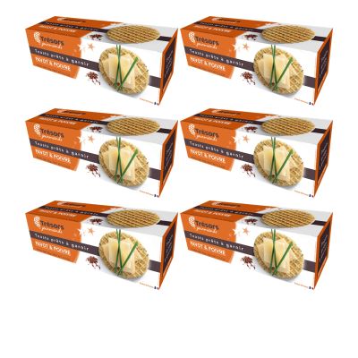TRESORS GOURMANDS Authentic French Waffle Crispy Crackers Snack, Poppy Pepper Flavor, Natural Ingredients, Pack of 6 x 95g Boxes