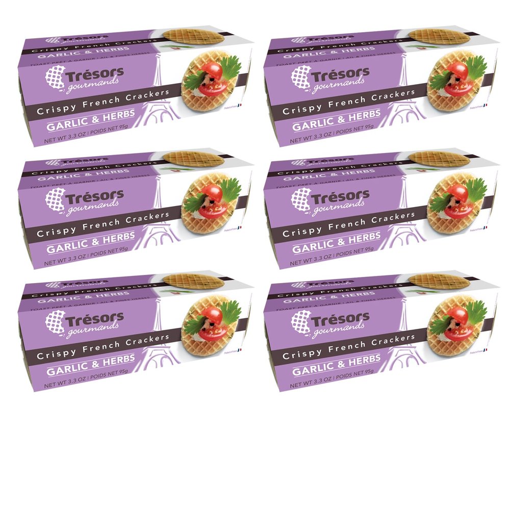 TRESORS GOURMANDS Authentic French Waffle Crispy Crackers Snack, Garlic Herbs Flavor, Natural Ingredients, Pack of 6 x 95g Boxes