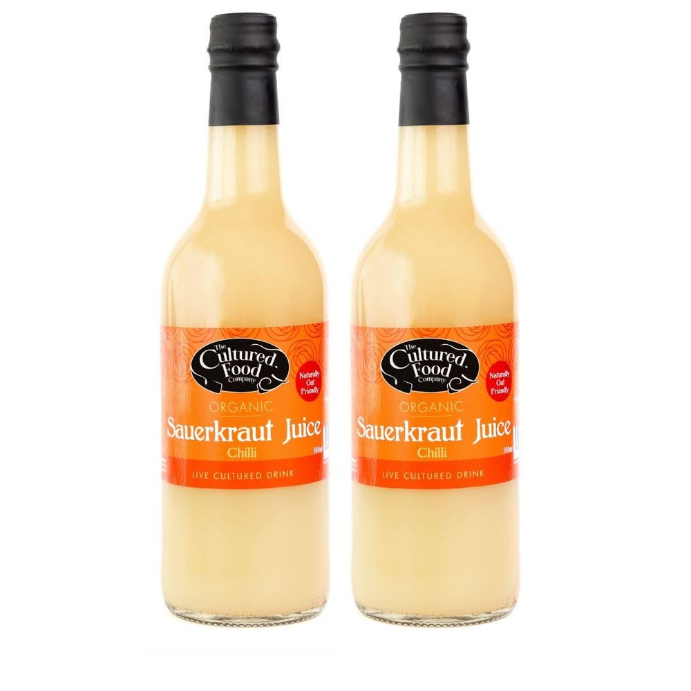 The Cultured Food Company Organic Chilli Sauerkraut Juice 2 x 500ml  Unpasteurised  Spicy Probiotic Drink  Raw Fermented Cabbage  Gut Health Tonic  Vegan  Detox Juice  Irish Made