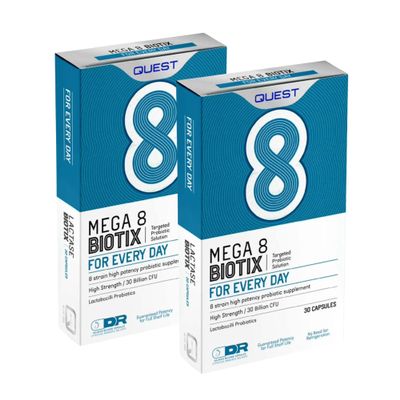Quest Mega 8 Biotix Probiotic Capsules 30 Billion CFU for Immune & Digestive Support. Helps Restore Gut Friendly Bacteria & Regulate Immune Responses. (30 Capsules x 2 Pack)