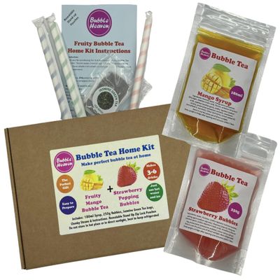 Bubble Heaven Fruity Bubble Tea with Popping Bobas Home Kit 3 to 6 Drinks (Mango & Strawberry)