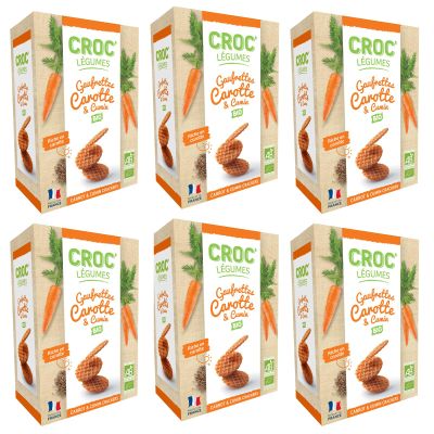 CROC' LEGUMES Authentic French Waffle Organic Crackers Snack, Carrot & Cumin Flavor, Made with 40% Vegetable, Natural Ingredients, Pack of 6 x 40g Boxes
