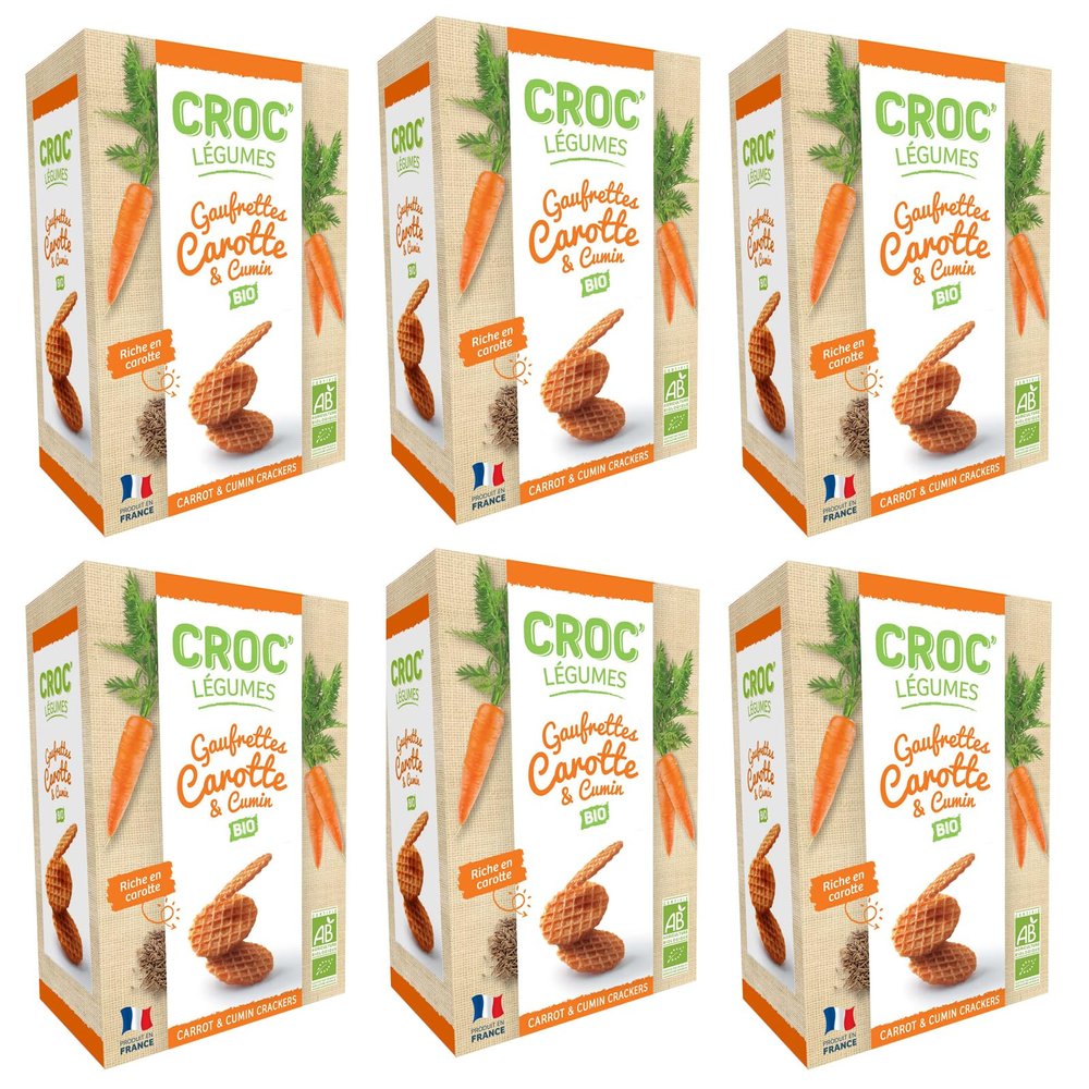 CROC' LEGUMES Authentic French Waffle Organic Crackers Snack, Carrot & Cumin Flavor, Made with 40% Vegetable, Natural Ingredients, Pack of 6 x 40g Boxes