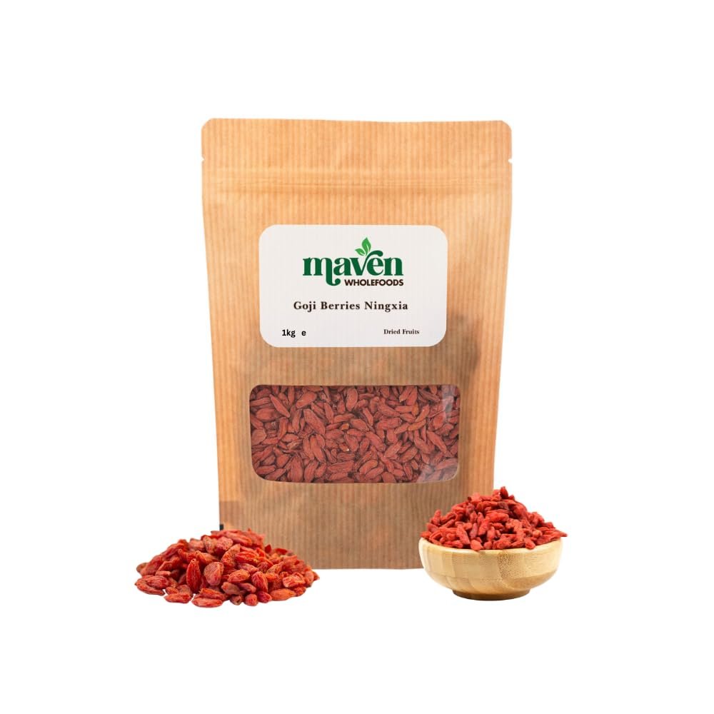 Maven Wholefoods Dried Goji Berries Ningxia 1kg | GMO Free | Vegan | Source of Protien | High Fibre | Packed Fresh in Resealable Bags | Dried Fruits Goji Berries, Vegan Snacks, Healthy Snacks