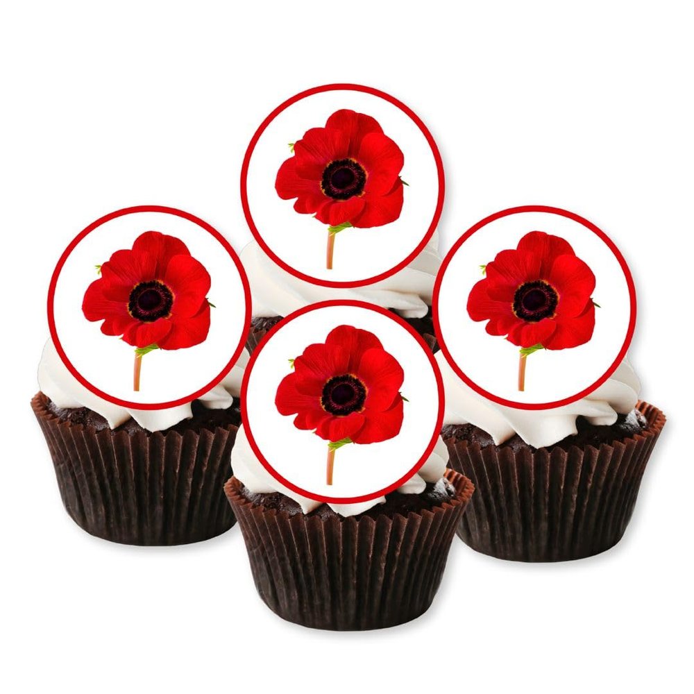 PRECUT Poppy Cupcake Toppers, Poppy Flowers Edible Mini Discs - Wafer Card Cake Decorations (24)