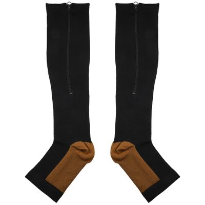 Beausoleil Compression Stockings Nylon Zipper Compression Sock Leg Knee Support Open Toe Preventing Varicose Veins Stretch Socks(Black)XXL
