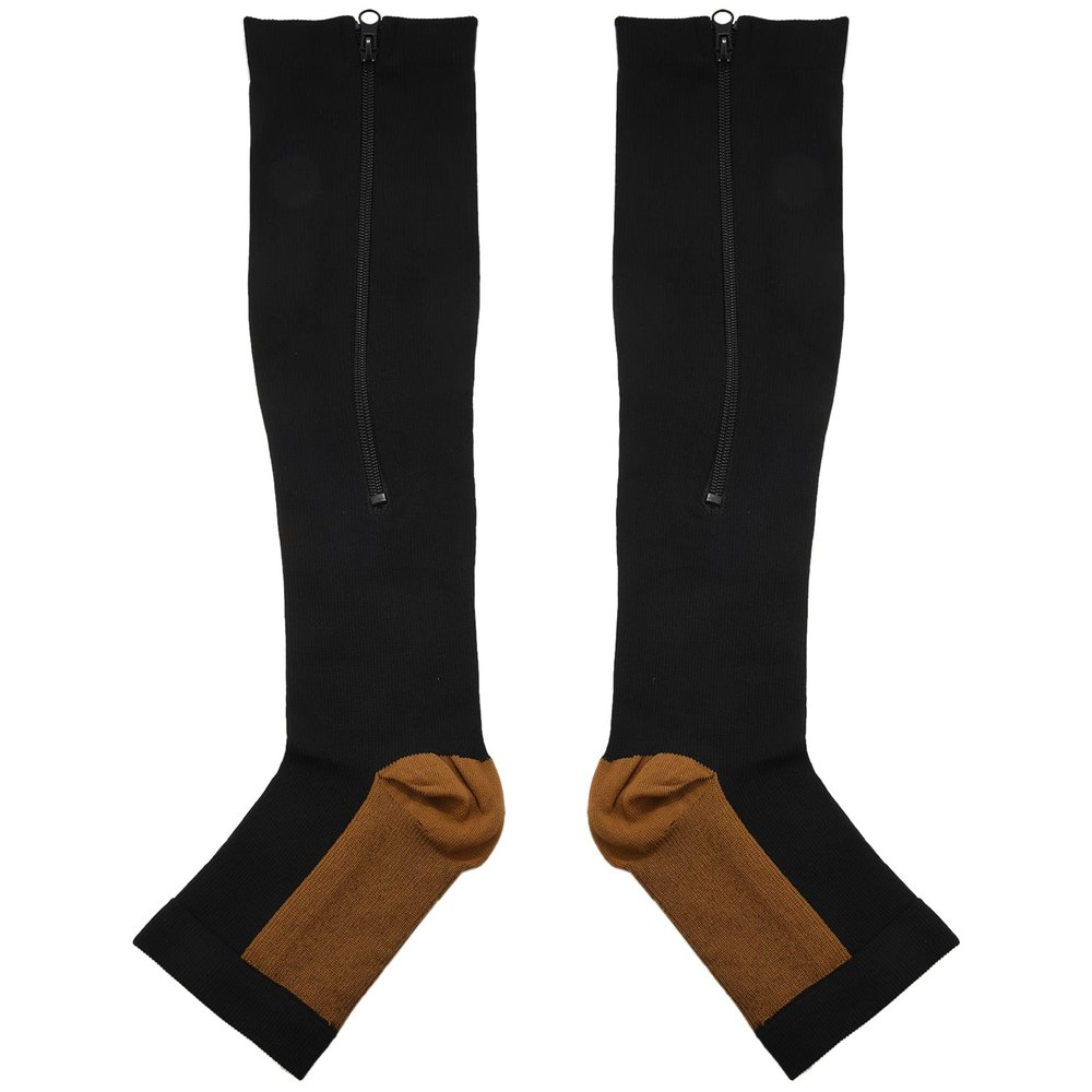Beausoleil Compression Stockings Nylon Zipper Compression Sock Leg Knee Support Open Toe Preventing Varicose Veins Stretch Socks(Black)XXL