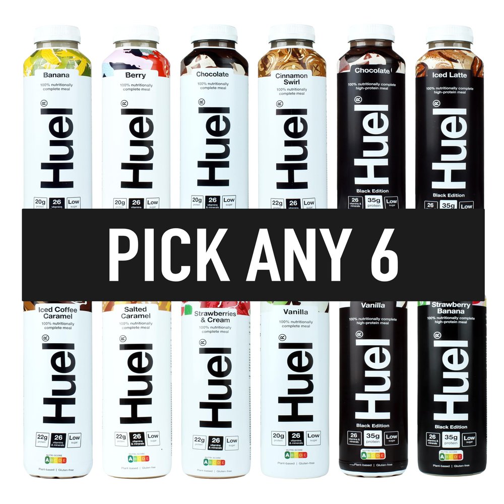 HUEL Ready-to Drink - 500ml - Pick any 6 Bottles - Choose from 15+ Flavours - Banana, Berry, Chocolate, Cinnamon Swirl, Iced Coffee Caramel, Salted Caramel, Strawberries & Cream, Vanilla