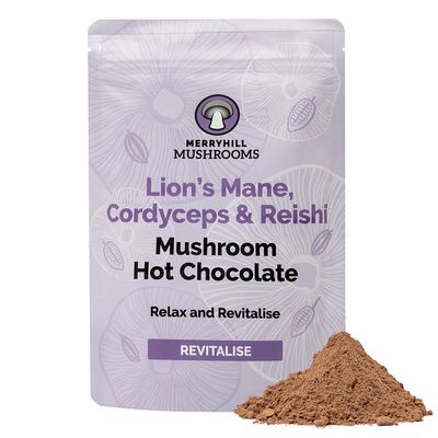 Merryhill Mushrooms - Lion's Mane, Cordyceps & Reishi Mushroom Hot Chocolate Powder Drink | Sleep, Focus, Energy | 1,000mg Mushrooms Per Serving | Vegan | No Added Sugar | 180g