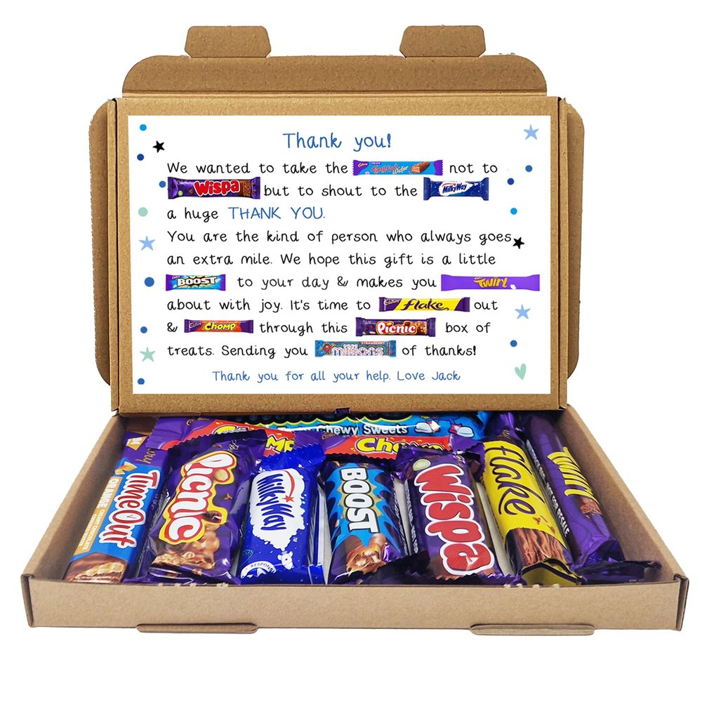 Personalsied Thank you POEM Chocolate BOX Hug in a box, Letterbox, hamper, thank you, Cheer up, Pick me up, for friend, thinking of you - Poem - Blue (From We/Us)