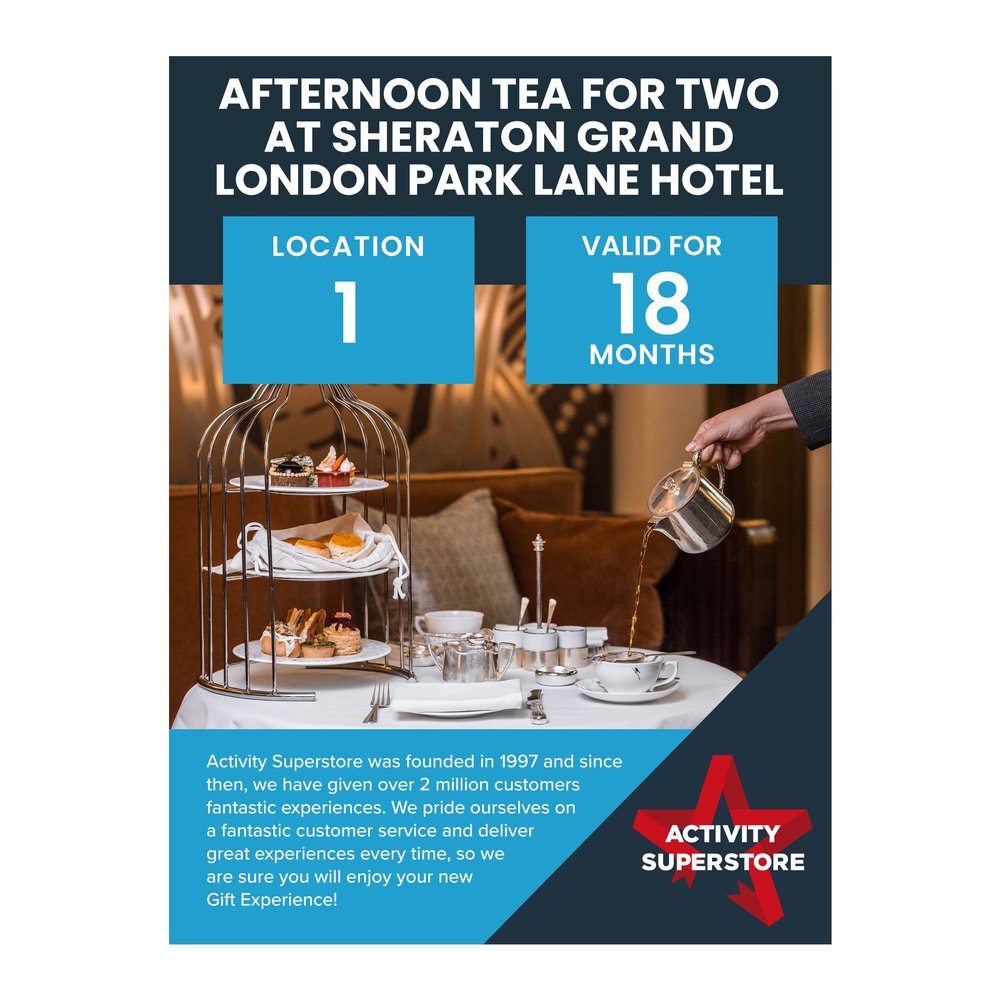 Activity Superstore Afternoon Tea for Two at Sheraton Grand London Park Lane Hotel, 18-month Validity, Afternoon Tea London, Experience Days, Couples Gifts, Retirement Gifts, Birthday Gifts