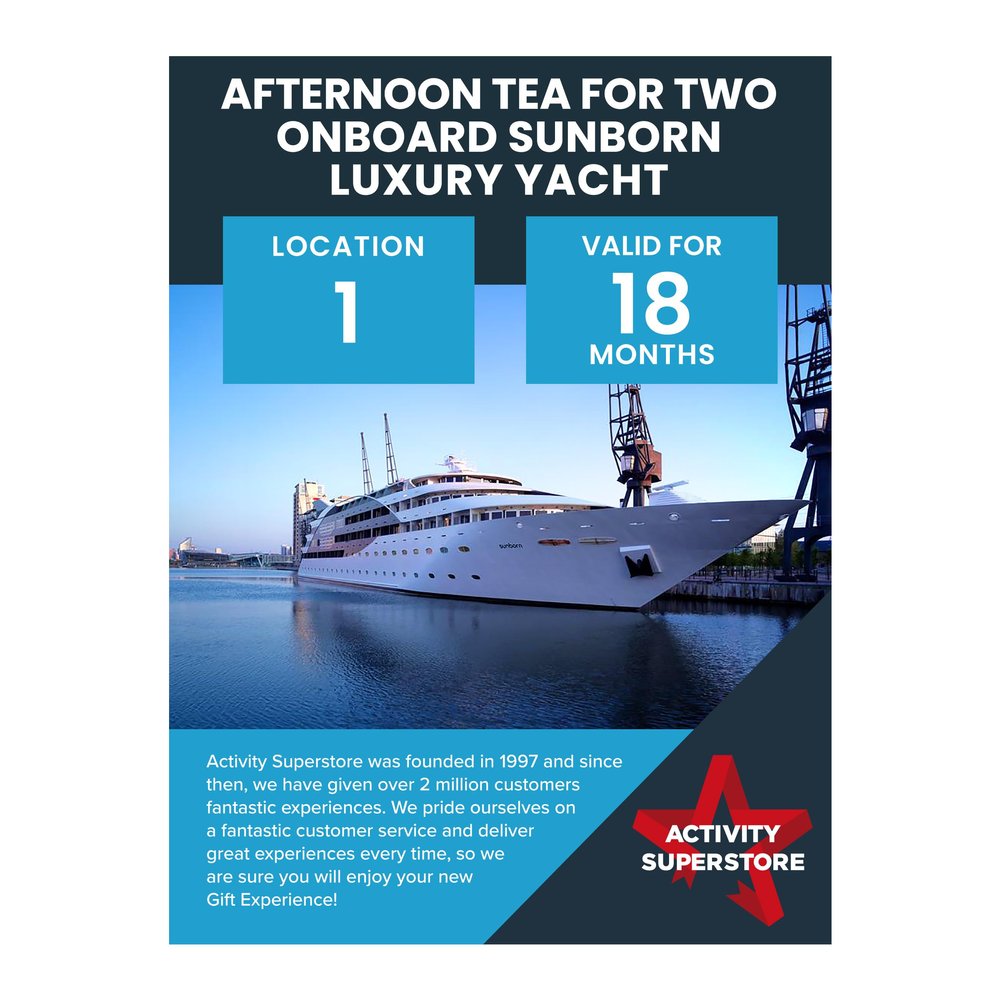 Activity Superstore Afternoon Tea for Two Onboard Sunborn Luxury Yacht, 18-Month Validity, Experience Days, Dining, Couples, Retirement, Birthday Gifts